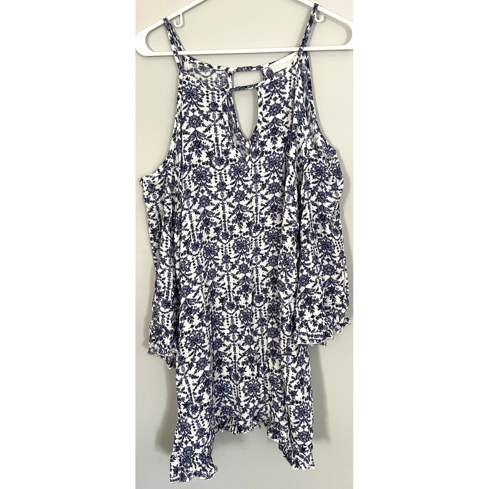 Weekend Suzanne Betro Shirt Womens 2X Blue Floral Cold Shoulder Tunic Rayon NWT